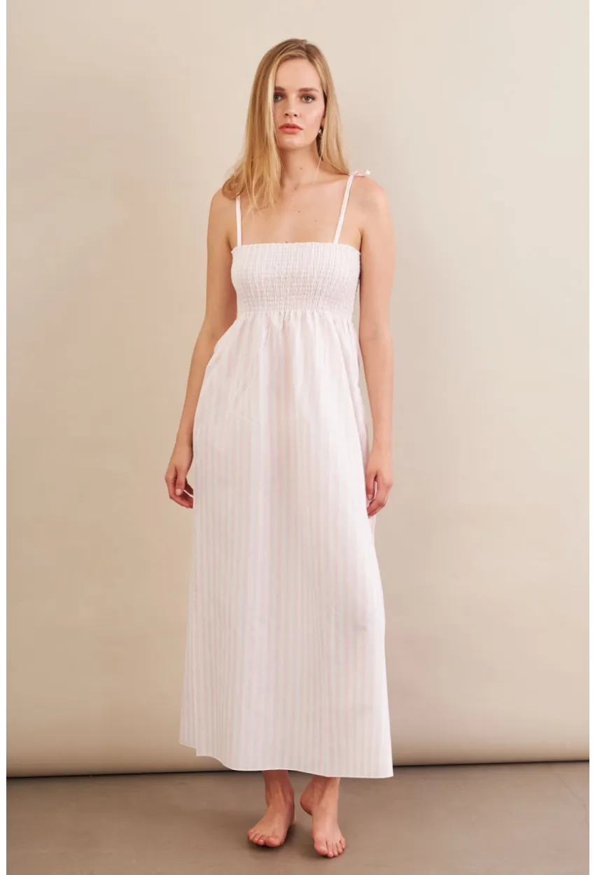 Kadın Ekru-Pudra Straplez Çizgili Plaj Elbisesi OR502