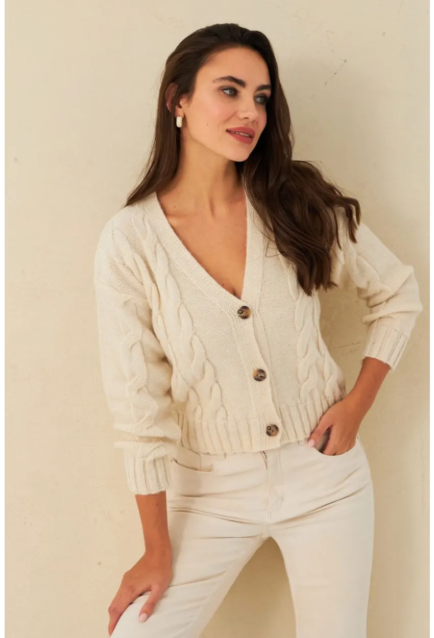 Kadın Ekru Saç Örgülü Hırka YV295