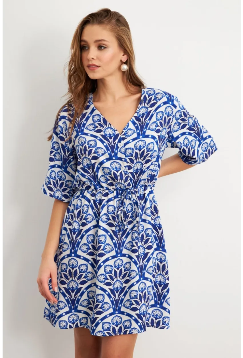 Kadın Ekru-Saks Desenli Mini Elbise Q1006