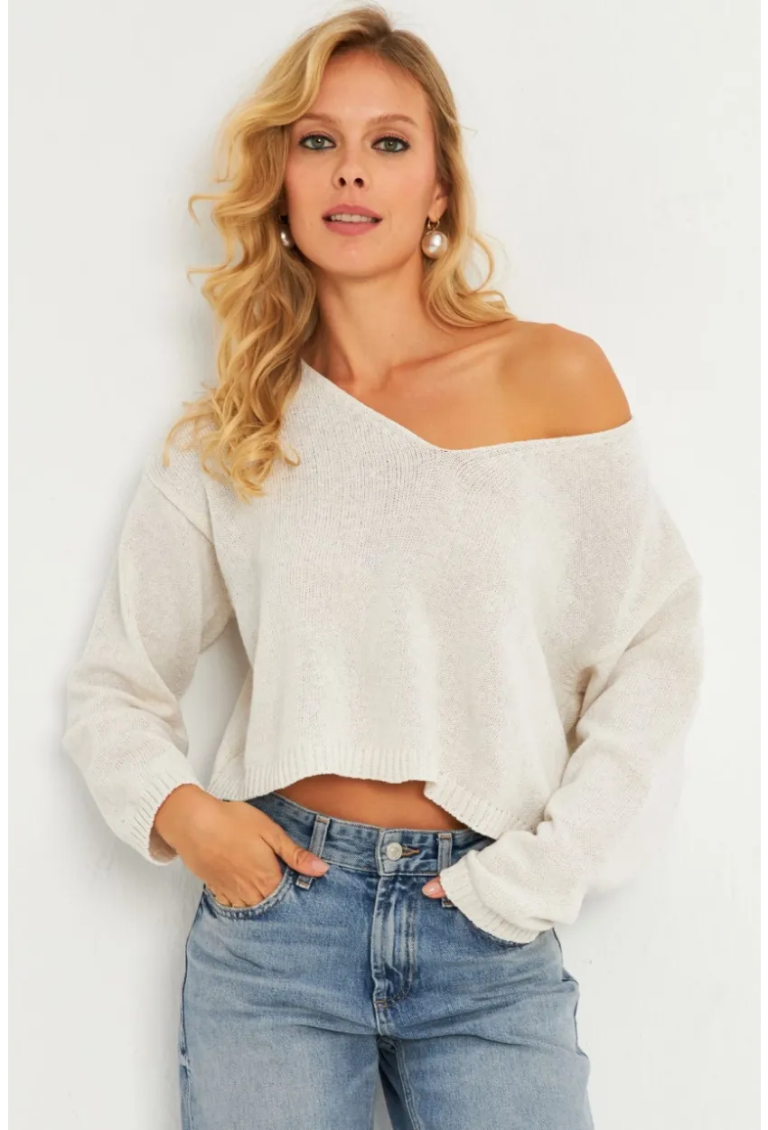 Kadın Ekru Salaş Kısa Triko Bluz YV281