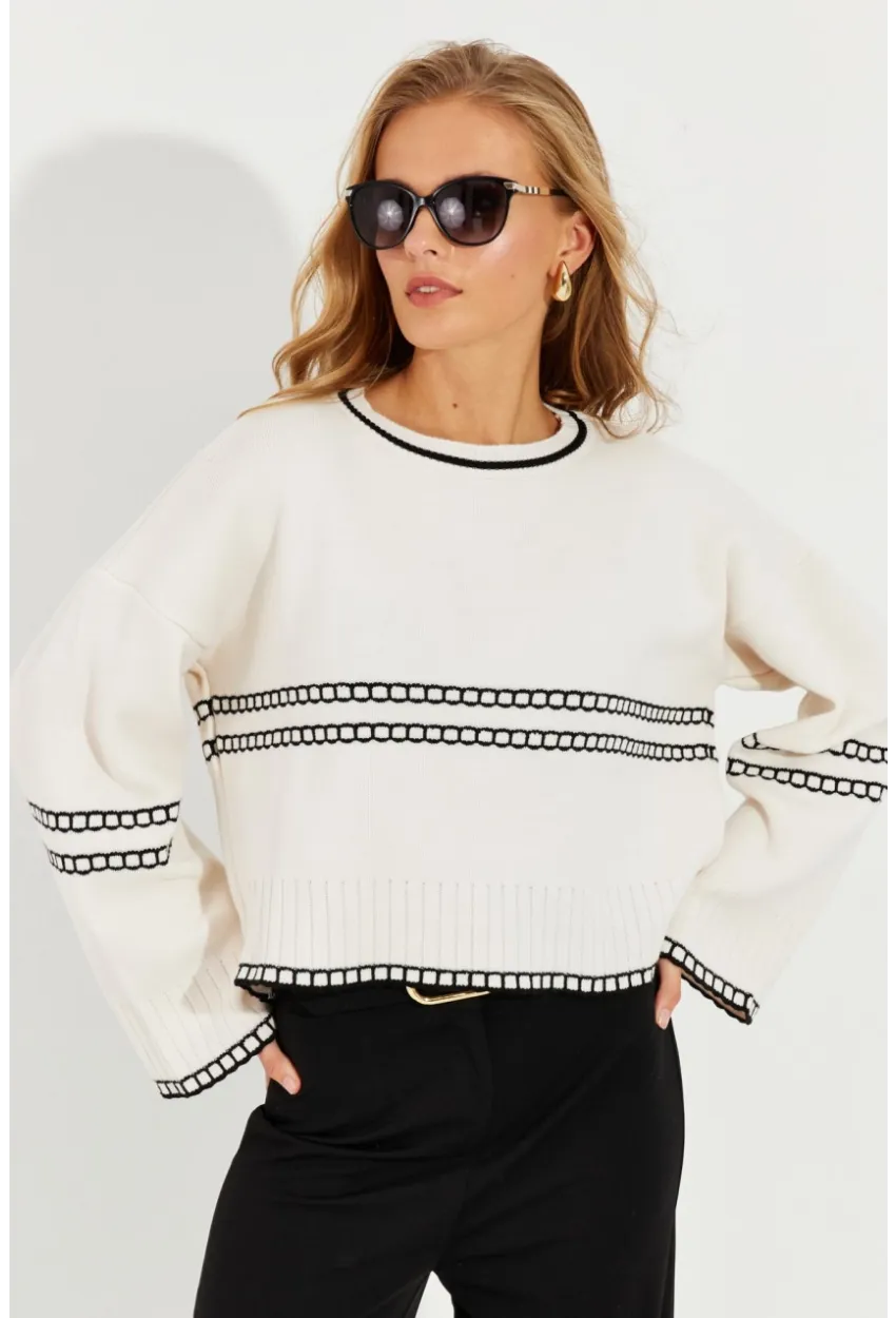 Kadın Ekru Salaş Triko Kısa Kazak YZ518