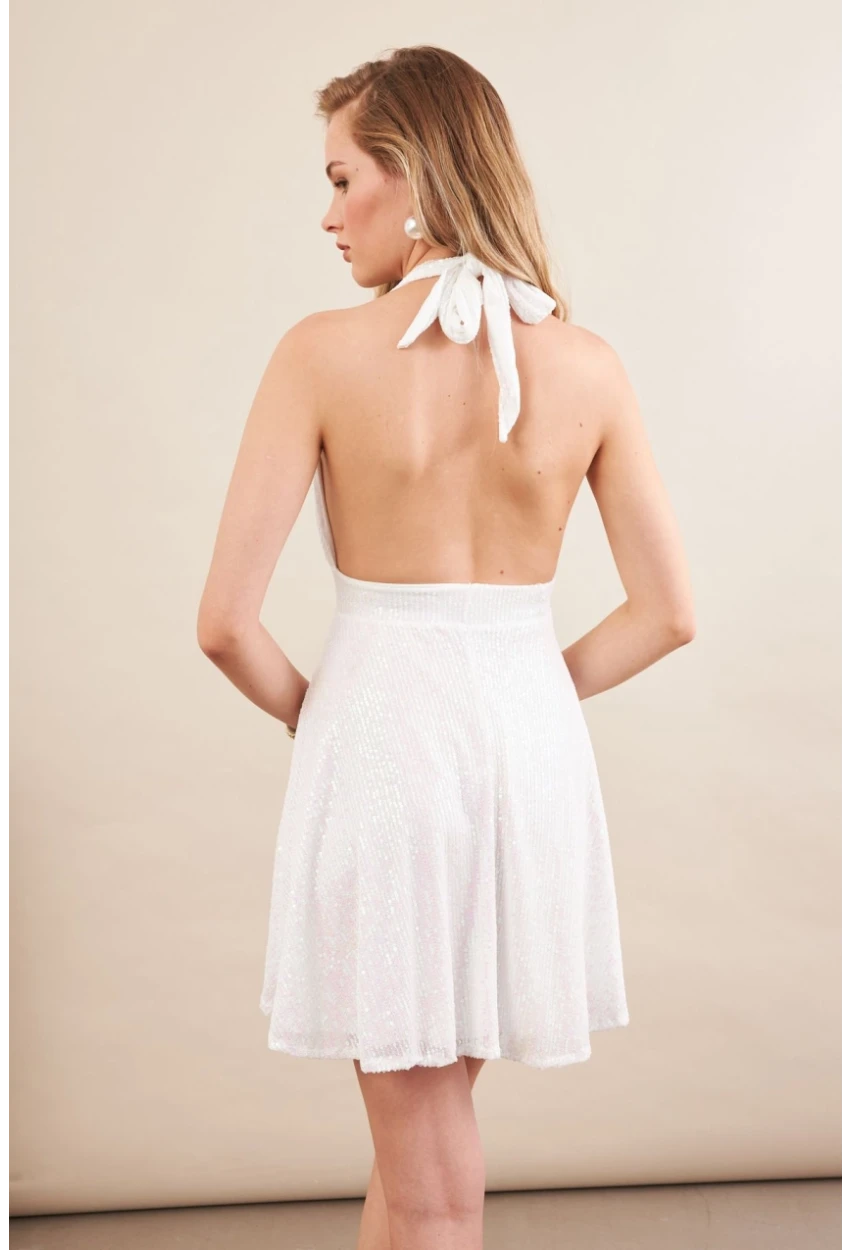 Kadın Ekru Sırtı Açık Payetli Astarlı Mini Elbise DCF046