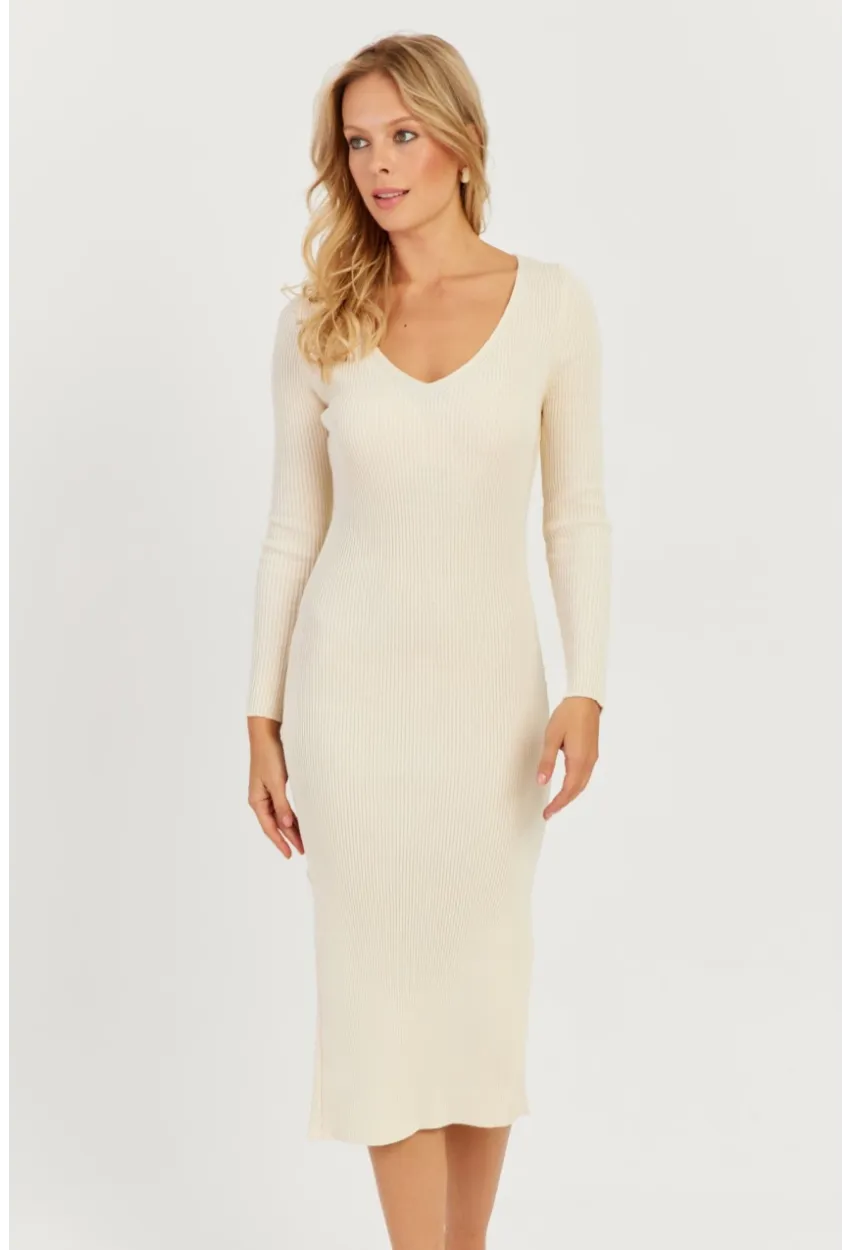 Kadın Ekru Sırtı Çapraz Triko Midi Elbise YZ407