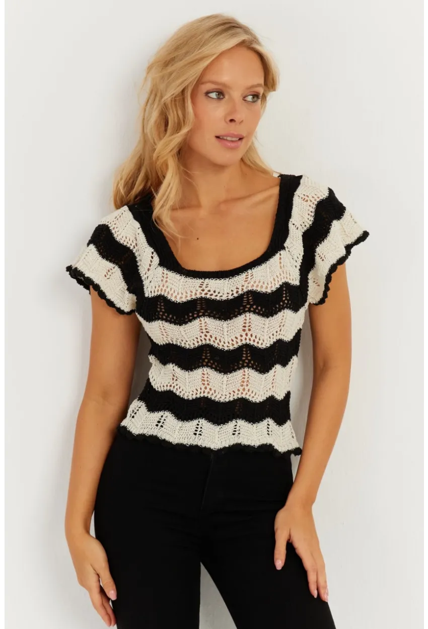 Kadın Ekru-Siyah Ajurlu Triko Bluz YZ624