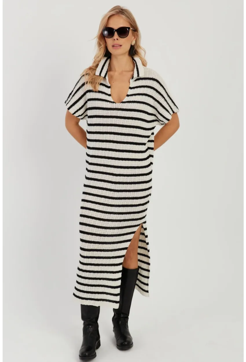 Kadın Ekru-Siyah Ajurlu Triko Midi Elbise YZ622