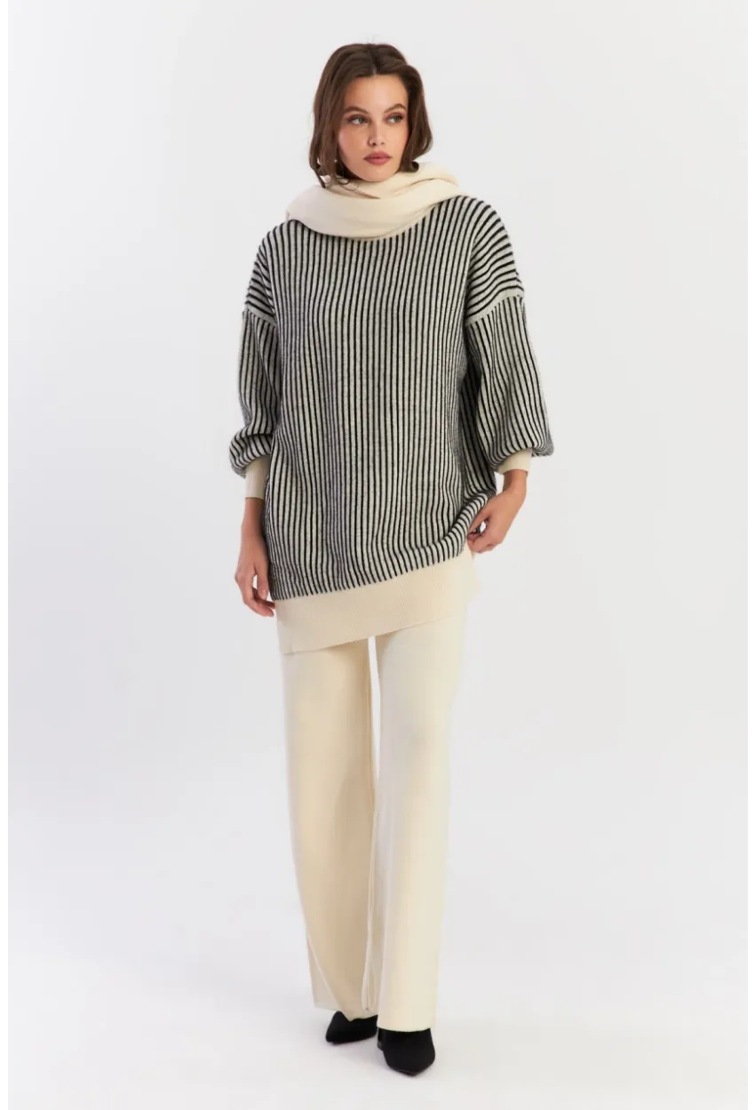 Kadın Ekru-Siyah Alt Üst Pantalon Triko Takım NUV35