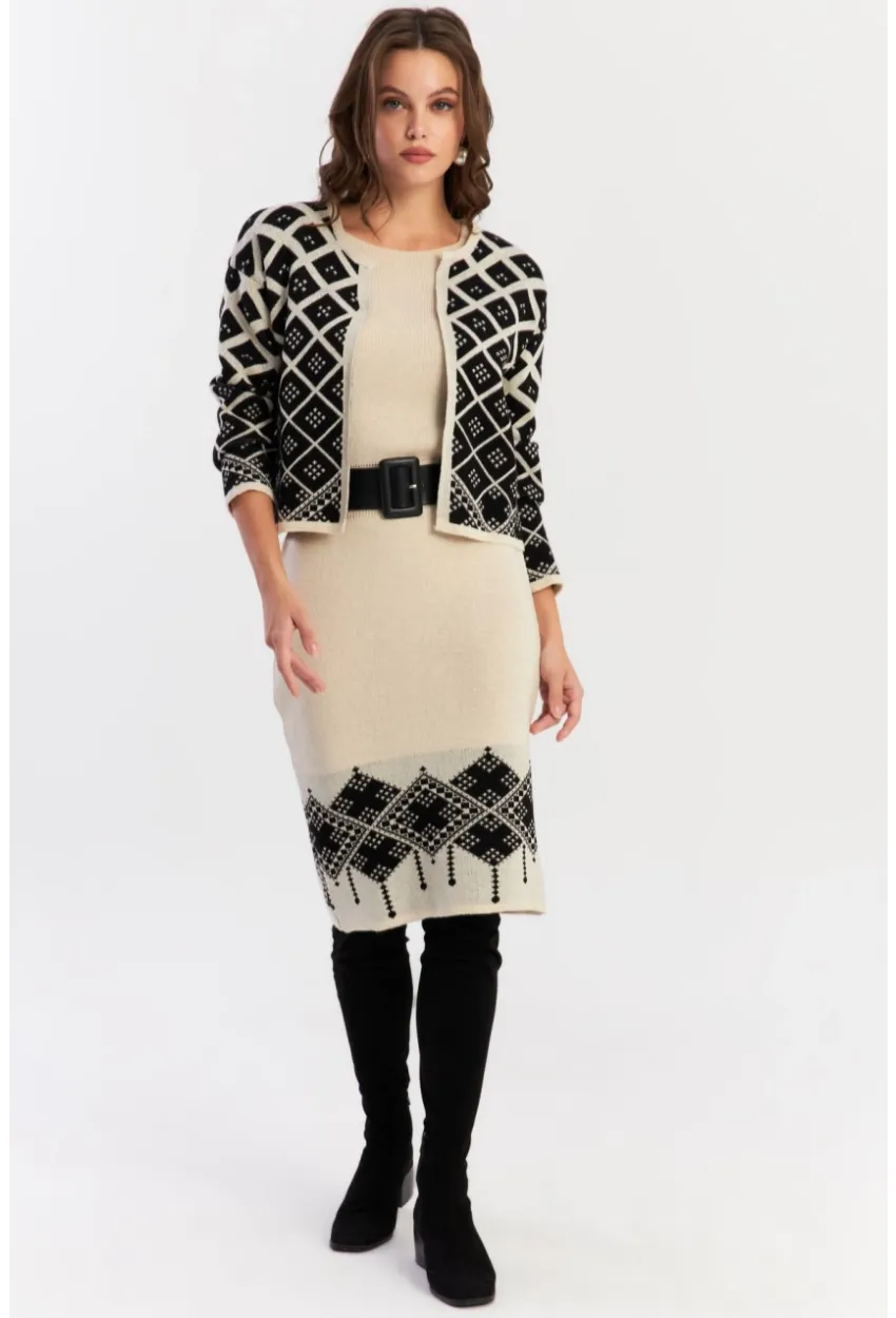 Kadın Ekru-Siyah Alt Üst Triko Desenli Takım NUV2028