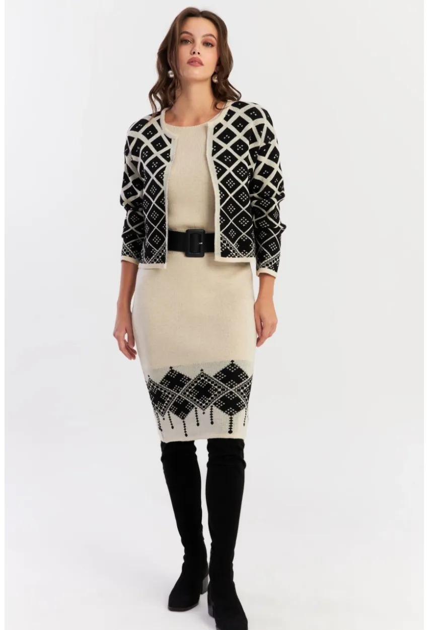 Kadın Ekru-Siyah Alt Üst Triko Desenli Takım NUV2028