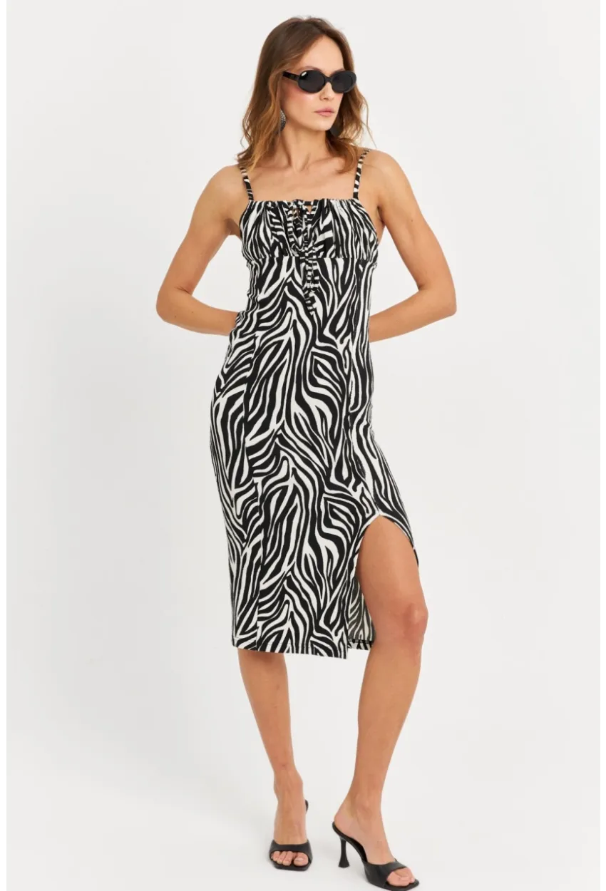 Kadın Ekru-Siyah Askılı Bürümcük Midi Elbise KAB302