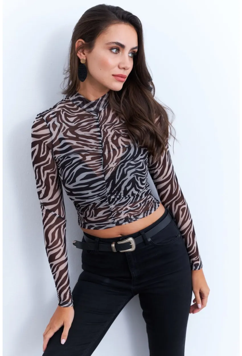Kadın Ekru-Siyah Büzgülü Desenli Tül Bluz AYD379