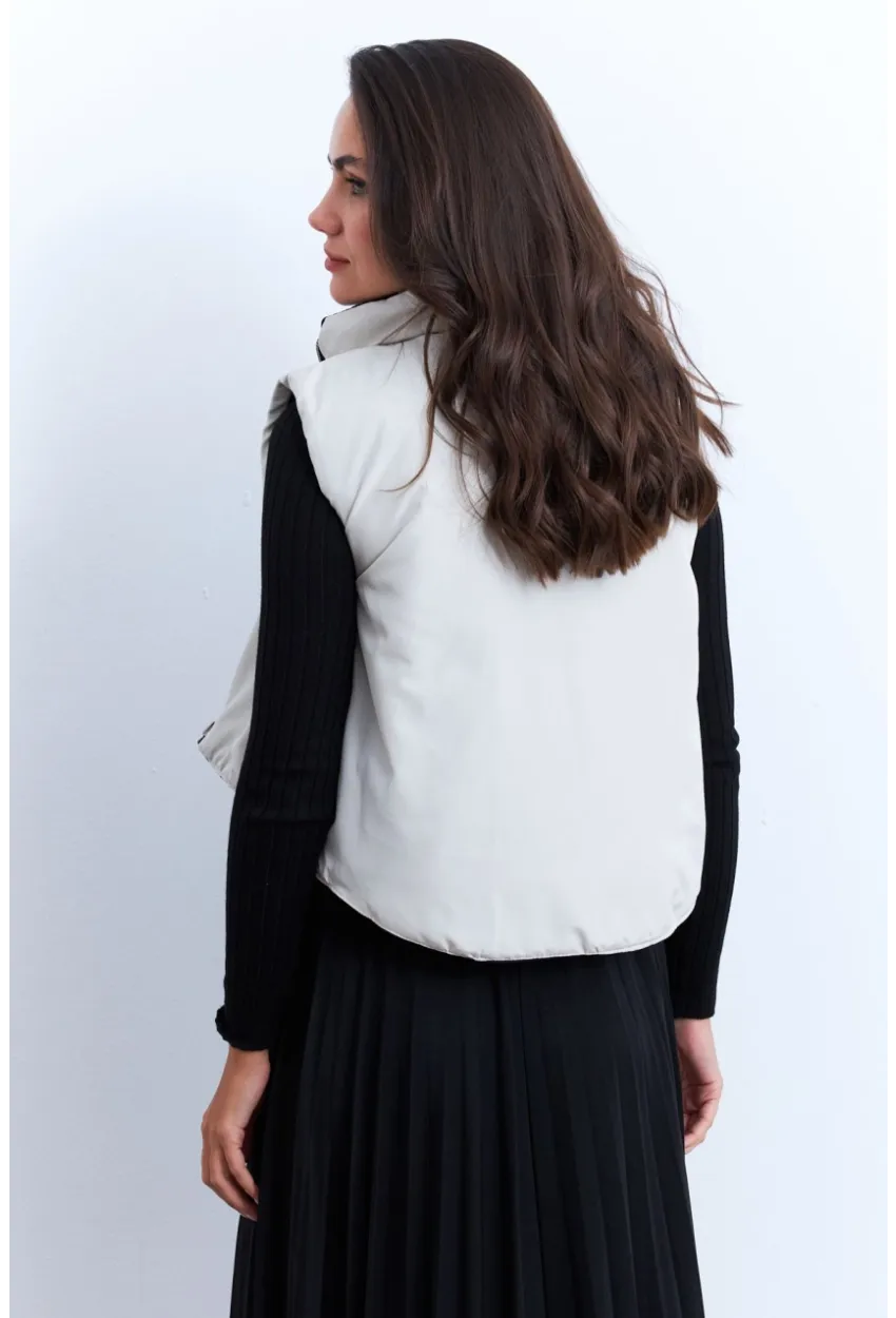 Kadın Ekru-Siyah Çift Taraflı Şişme Kısa Yelek MX12