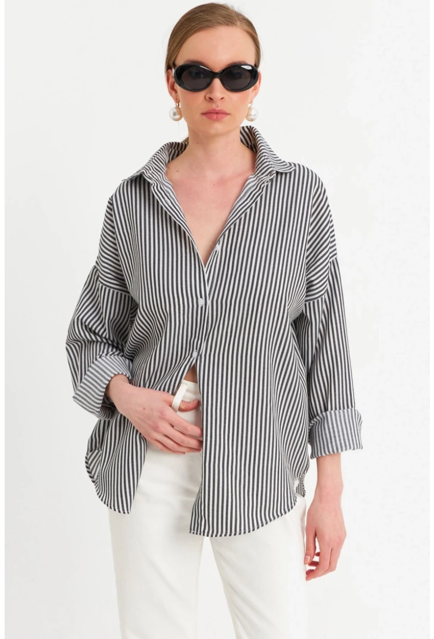 Kadın Ekru-Siyah Çizgili Gömlek ZER425