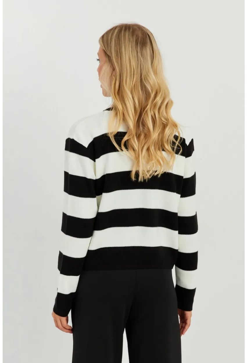 Kadın Ekru-Siyah Çizgili Hırka SMT222