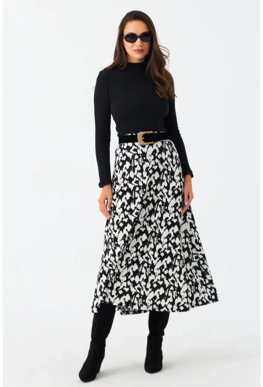 Kadın Ekru-Siyah Desenli Çan Etek MLON1000