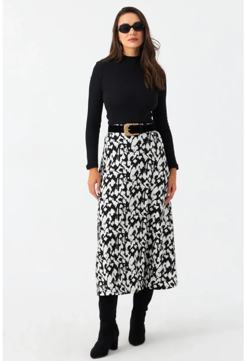Kadın Ekru-Siyah Desenli Çan Etek MLON1000