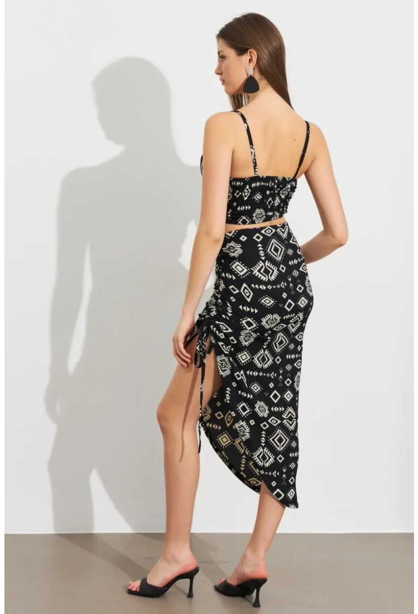 Kadın Ekru-Siyah Desenli Crop Etek Takım LİT108