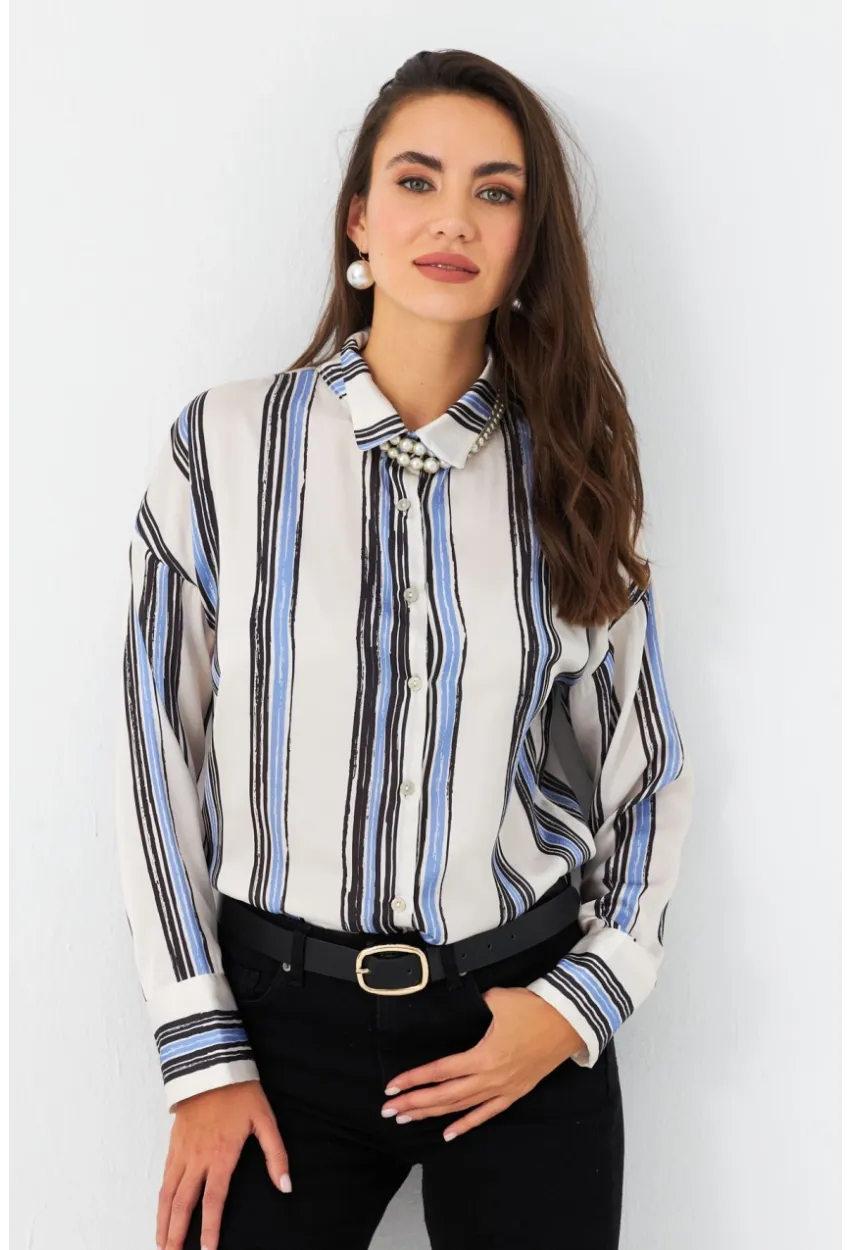 Kadın Ekru-Siyah Desenli Saten Gömlek MSHR500