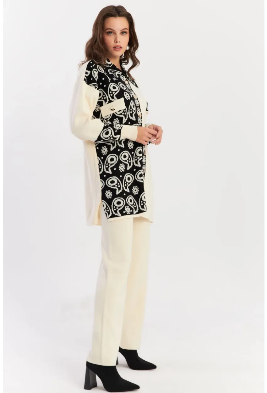 Kadın Ekru-Siyah Desenli Triko Alt Üst Takım NUV1066