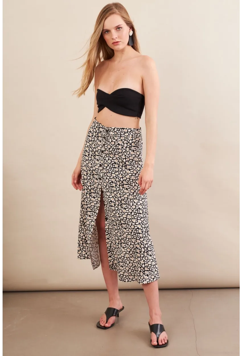 Kadın Ekru-Siyah Düğmeli Midi Etek SH60