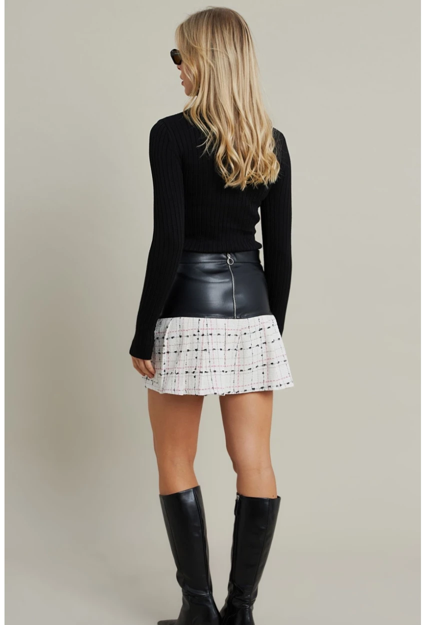 Kadın Ekru-Siyah Kazayağı Suni Deri Mini Etek NH93