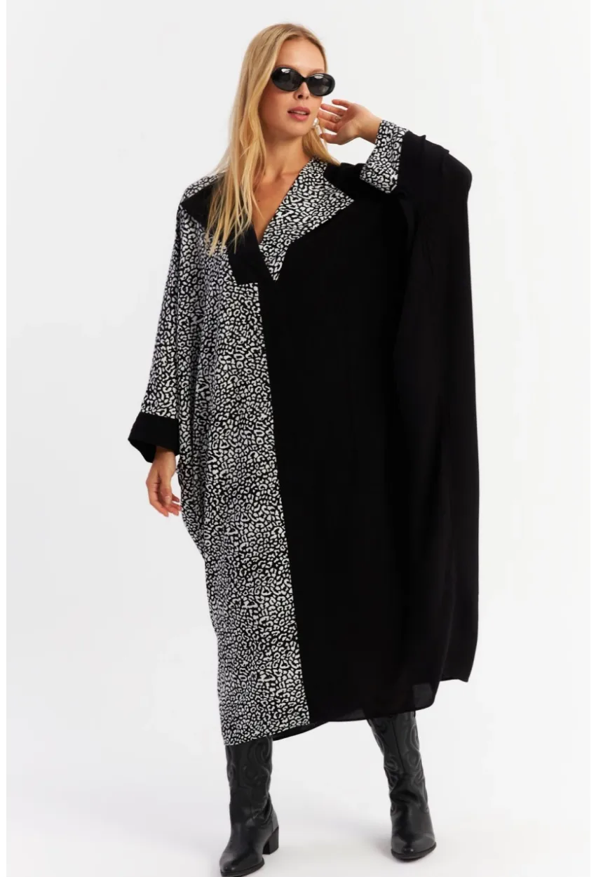 Kadın Ekru-Siyah Leopar Bloklu Maxi Elbise MALO15