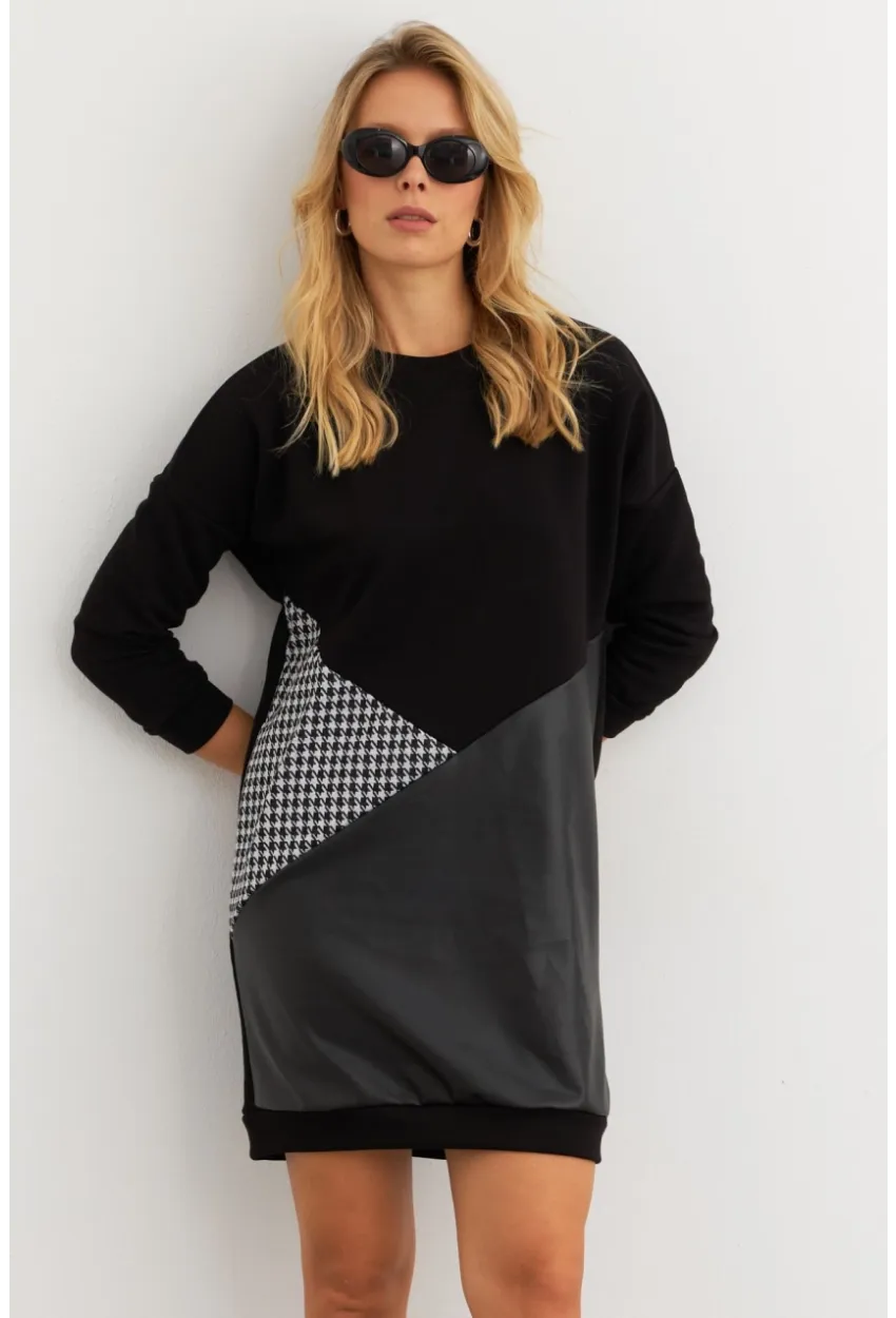 Kadın Ekru-Siyah Leopar Desenli Mini Sweat Elbise ST145