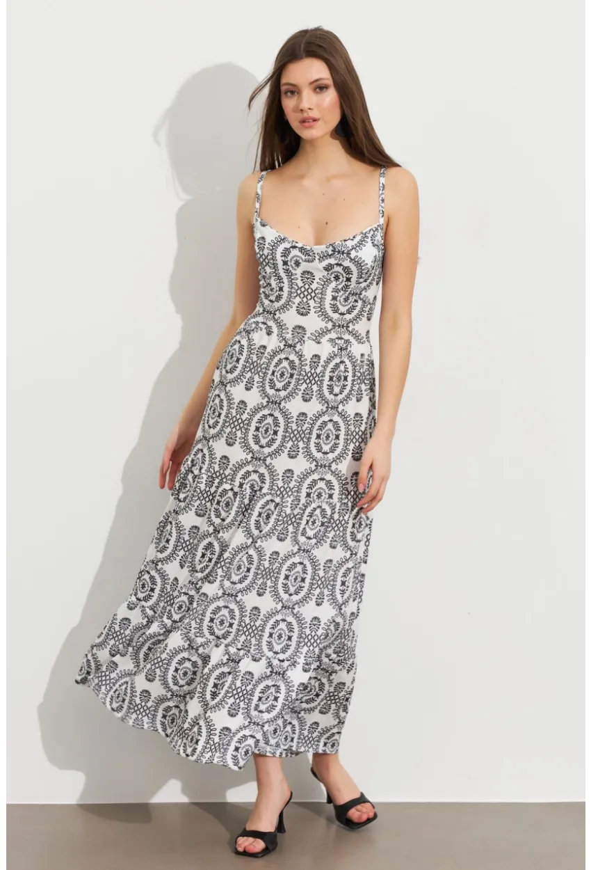 Kadın Ekru-Siyah Sırt Dekolteli Desenli Maxi Elbise LİT110