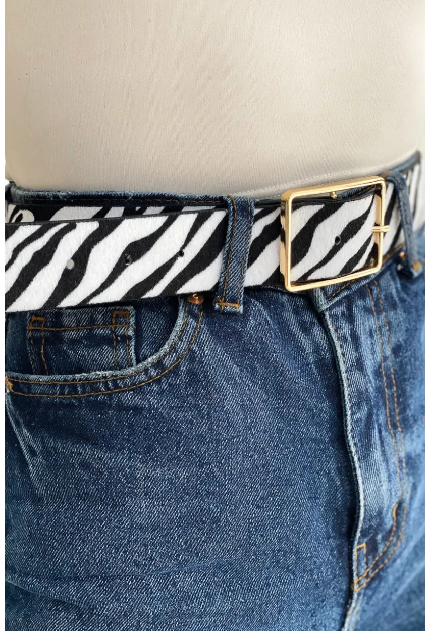 Kadın Ekru-Siyah Zebra Desen Kemer BE610