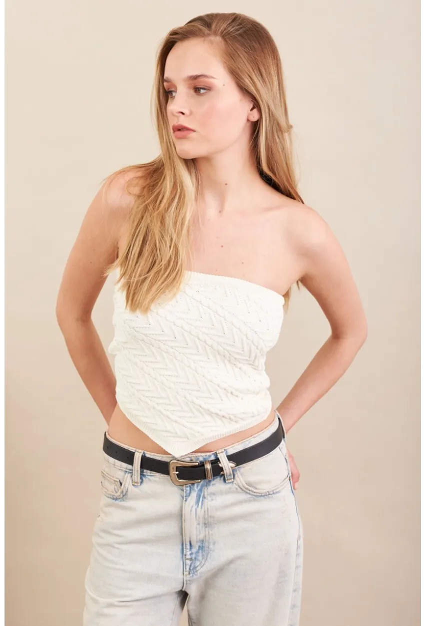 Kadın Ekru Straplez Triko Crop Bluz ZH049