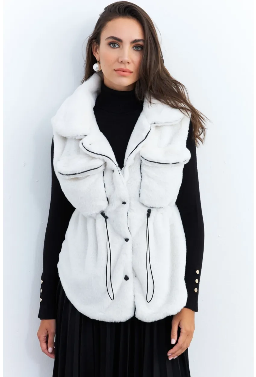 Kadın Ekru Suni Kürk Cepli Yelek MK66
