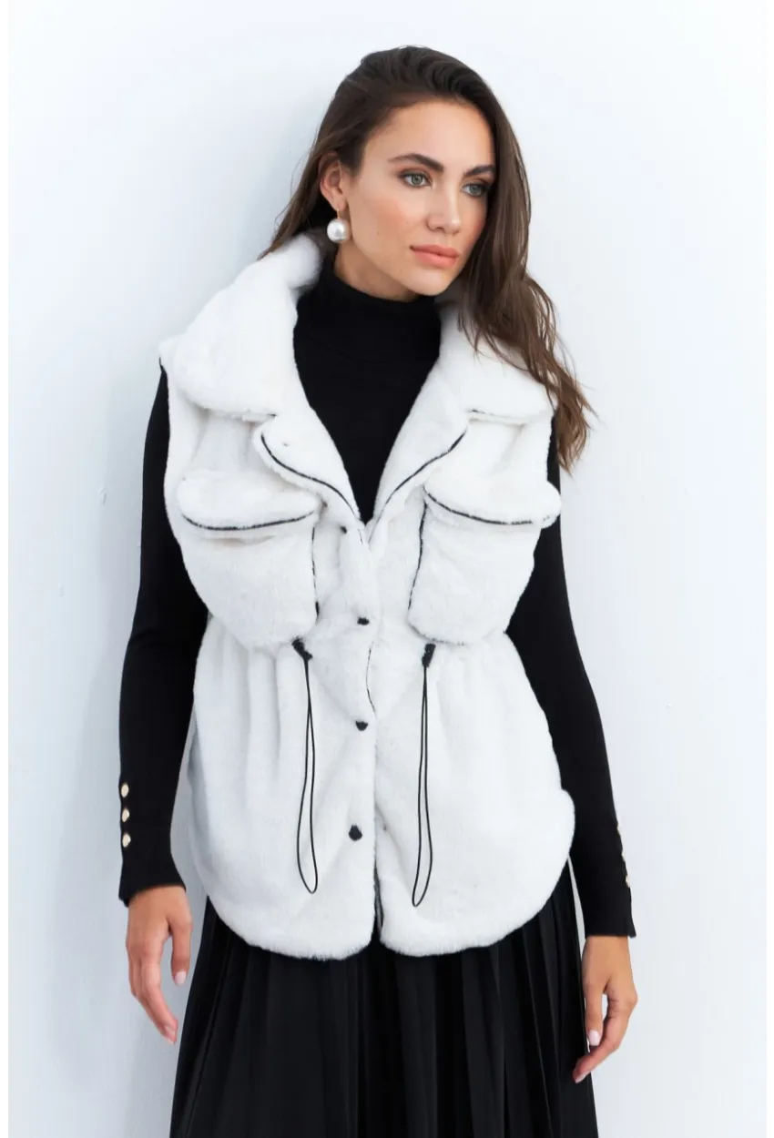 Kadın Ekru Suni Kürk Cepli Yelek MK66