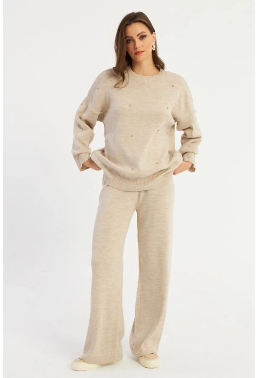 Kadın Ekru Taşlı Alt Üst Takım MYİL10