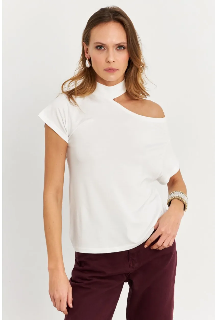 Kadın Ekru Tek Omuz Açık Bluz LPP1300