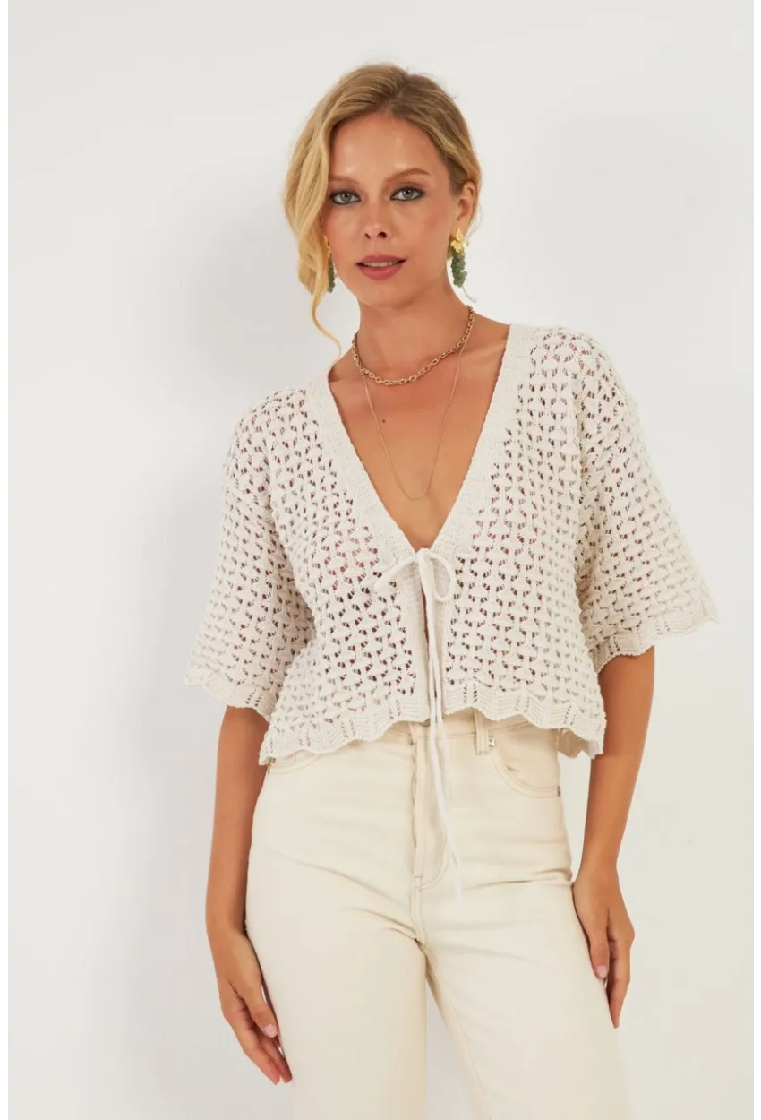 Kadın Ekru Triko Ajurlu Hırka YV255