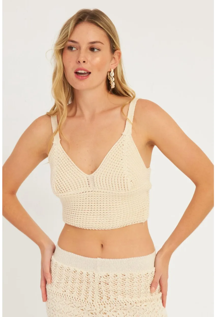 Kadın Ekru Triko Crop Bluz KZ2507