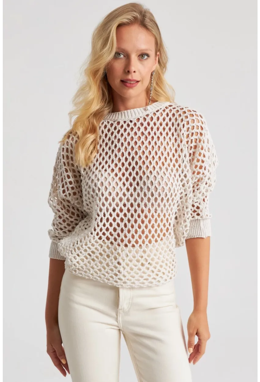 Kadın Ekru Triko File Bluz YV216