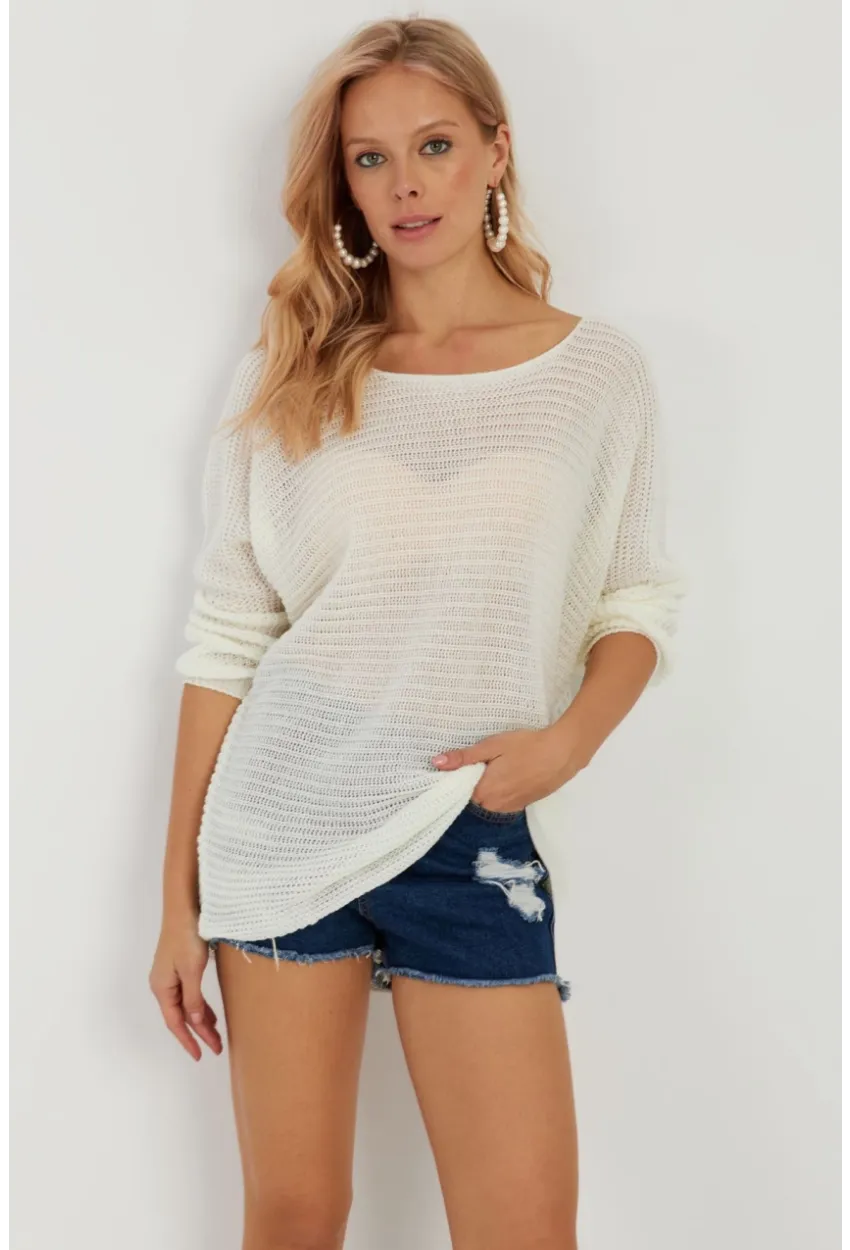 Kadın Ekru Triko Kazak SMT223