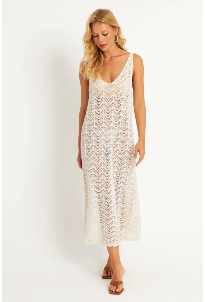 Kadın Ekru Triko Midi Plaj Elbisesi HC1482