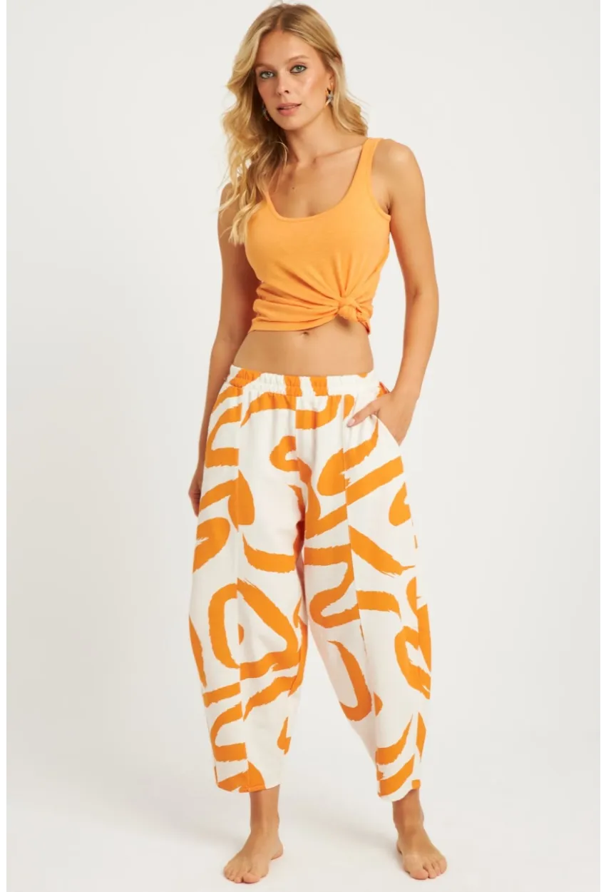 Kadın Ekru-Turuncu Desenli Keten Şalvar Pantolon K1253
