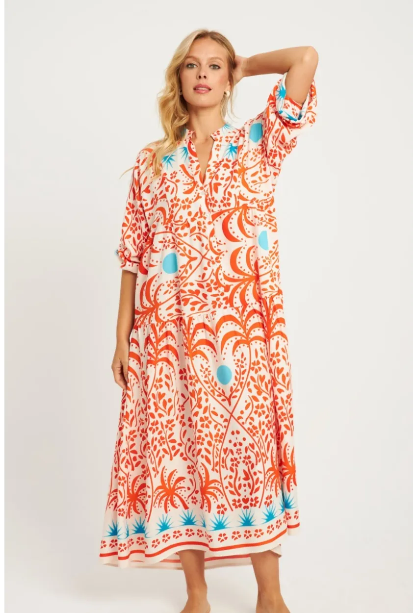Kadın Ekru-Turuncu Desenli Midi Elbise GÇ169