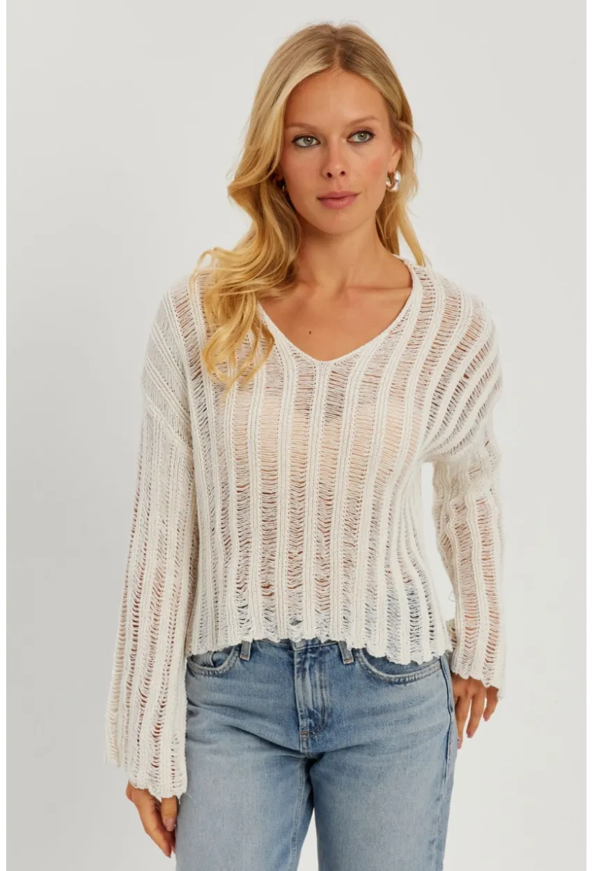 Kadın Ekru V Yaka Ajurlu Triko Bluz YV233