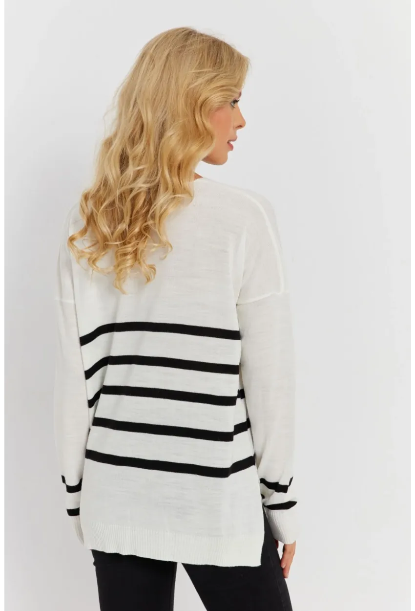 Kadın Ekru V Yaka Çizgili Triko Kazak YİL550