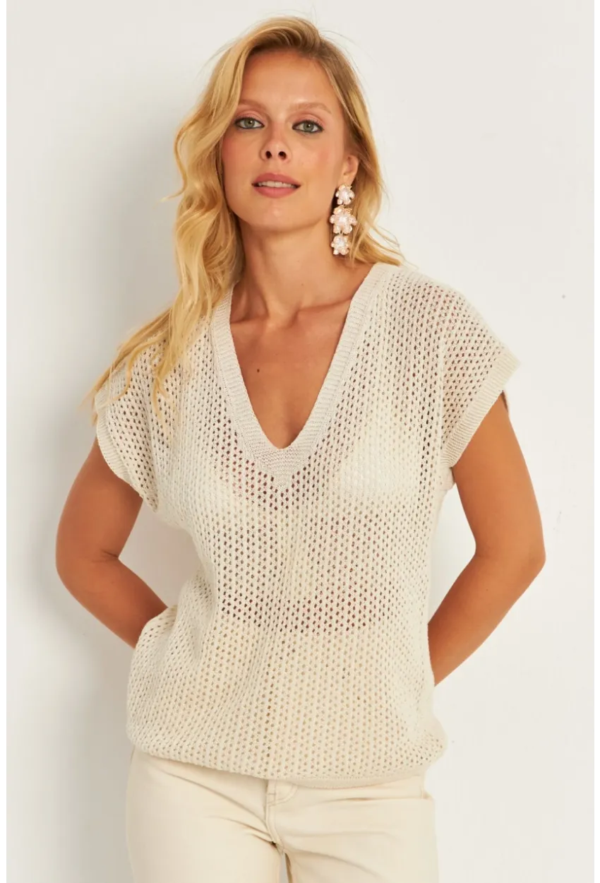 Kadın Ekru V Yaka Fileli Bluz SMT230