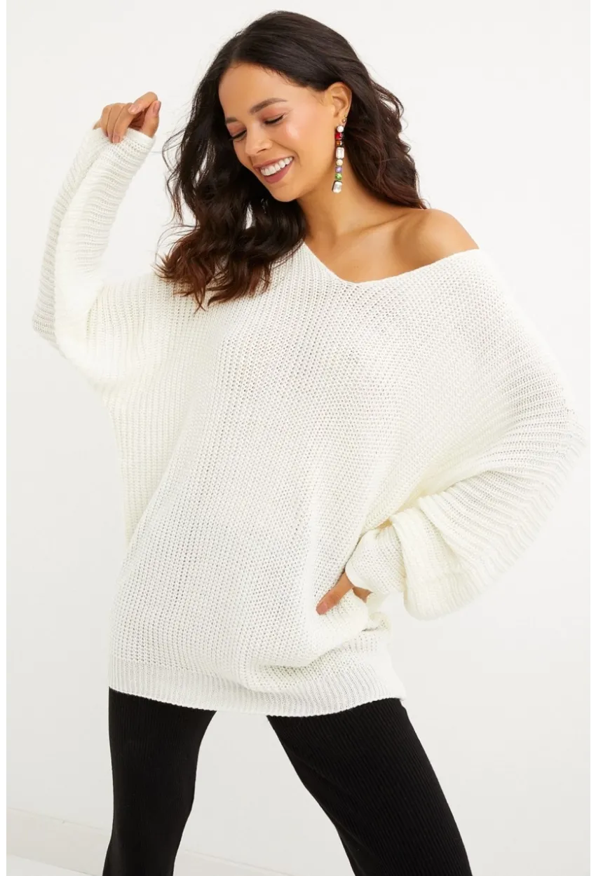 Kadın Ekru V Yaka Salaş Oversize Triko Tunik SMT158
