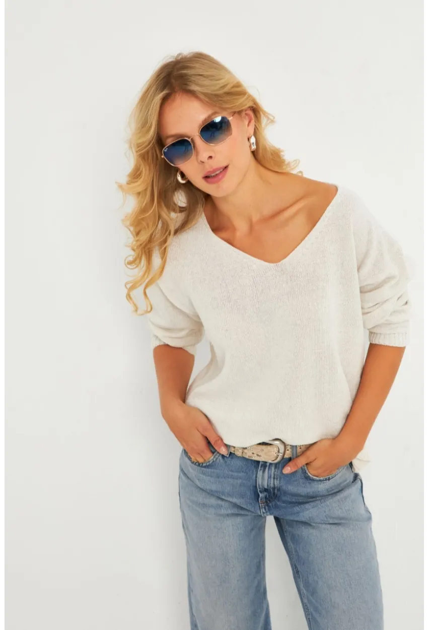 Kadın Ekru V Yaka Triko Bluz YV282
