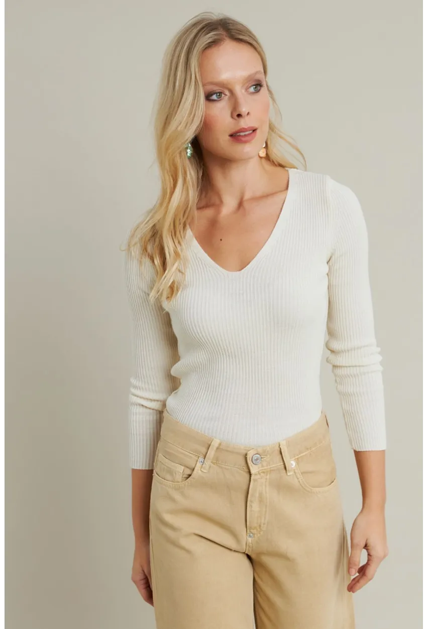 Kadın Ekru V Yaka Triko Bluz YV284