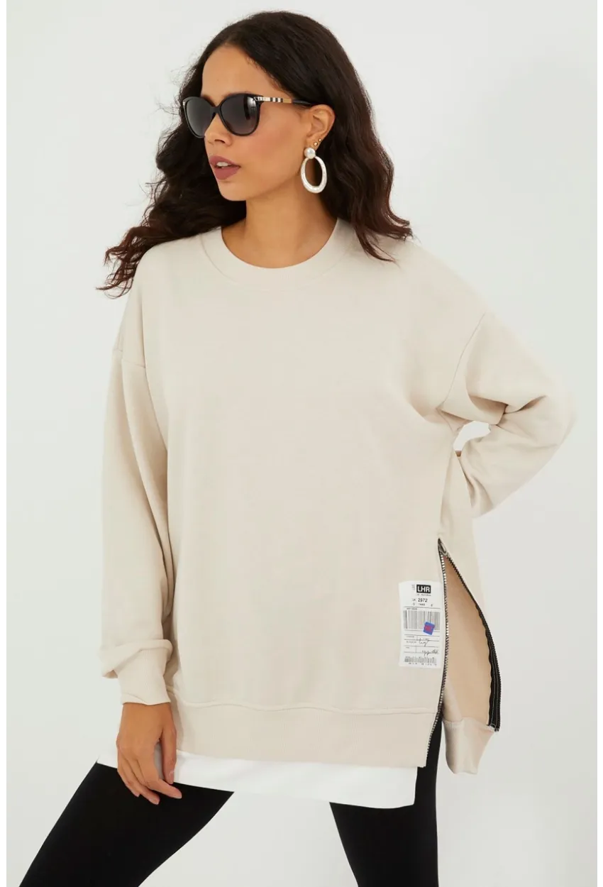 Kadın Ekru Yanları Fermuarlı Oversize Sweatshirt BK231095