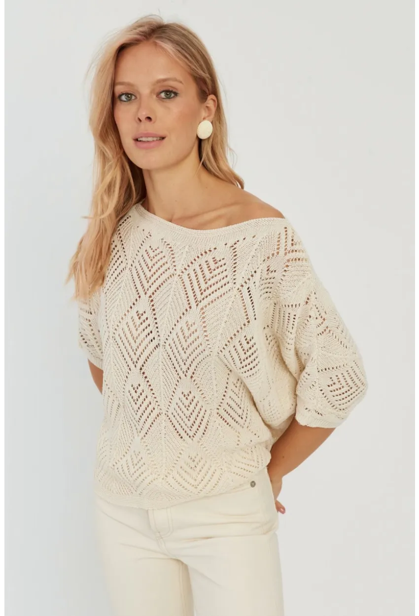 Kadın Ekru Yarasa Kol Ajurlu Triko Bluz YZ621