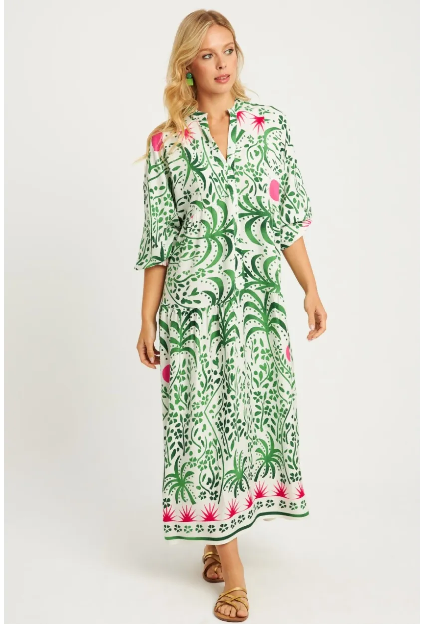 Kadın Ekru-Yeşil Desenli Midi Elbise MGÇ169