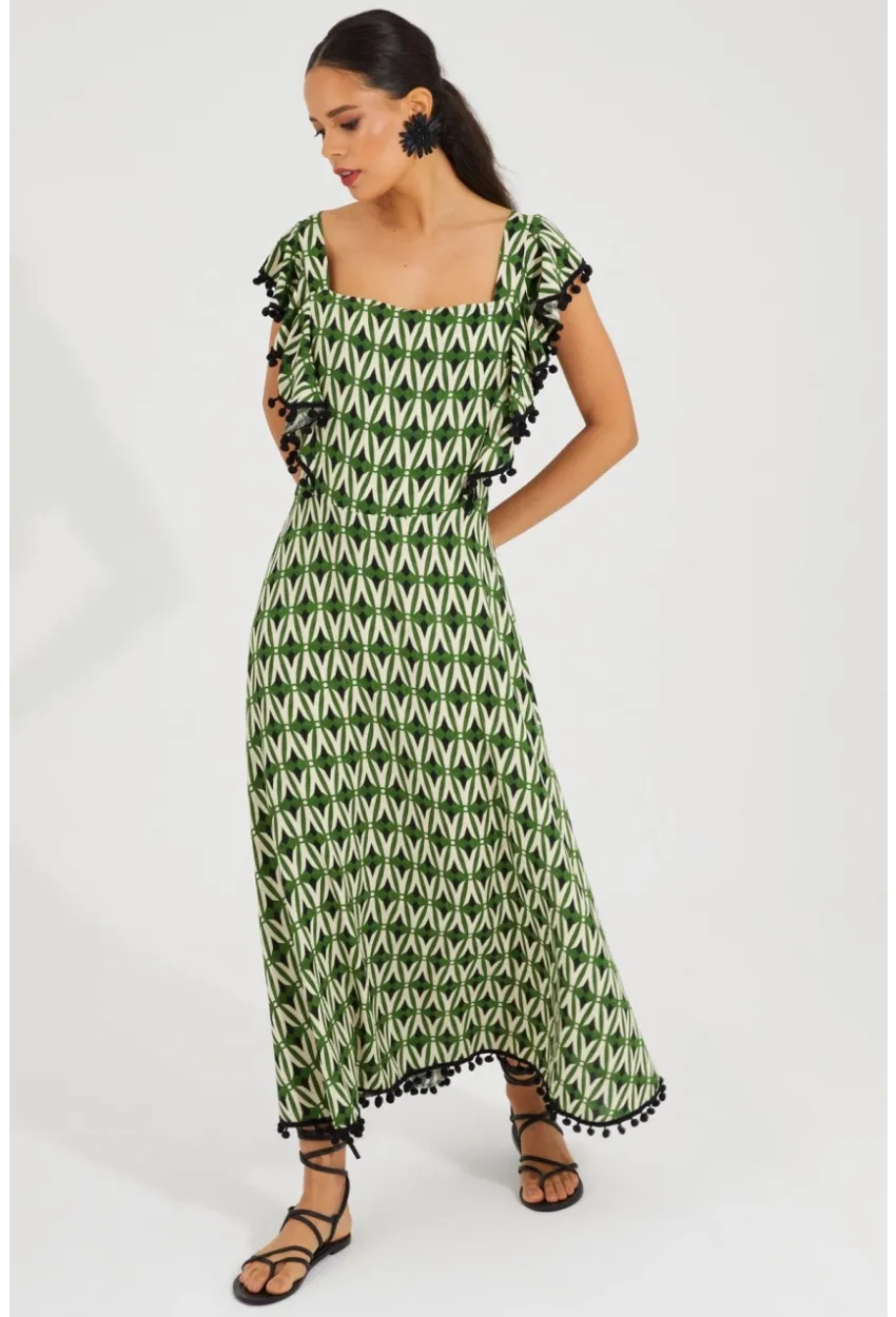 Kadın Ekru-Yeşil Sırtı Gipeli Kare Yaka Elbise BK1650